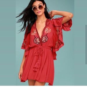 Free People Cora Red Embroidered Mini Dress